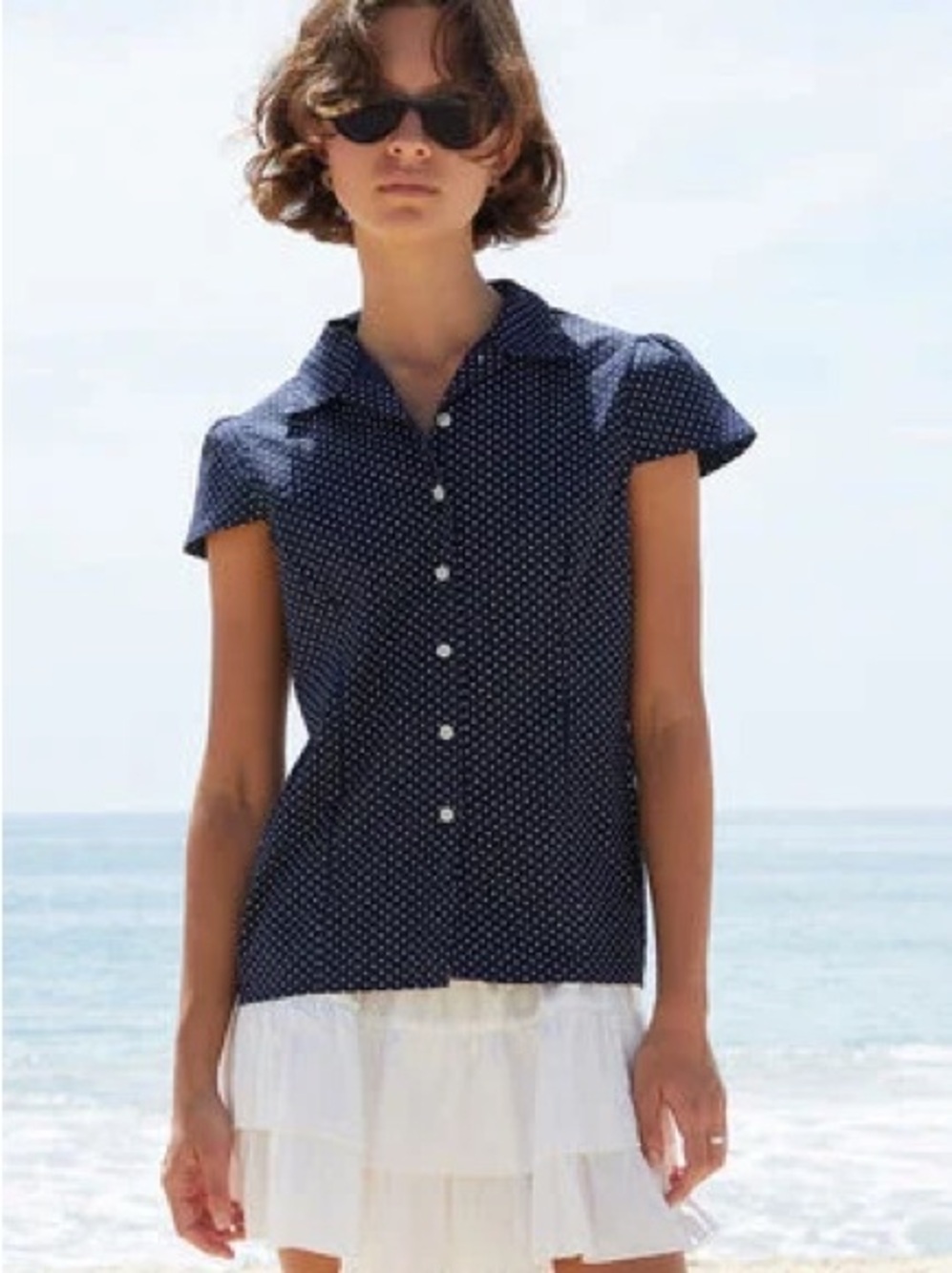 John Galt Polka Dot Rue Short Sleeve Button Up Top